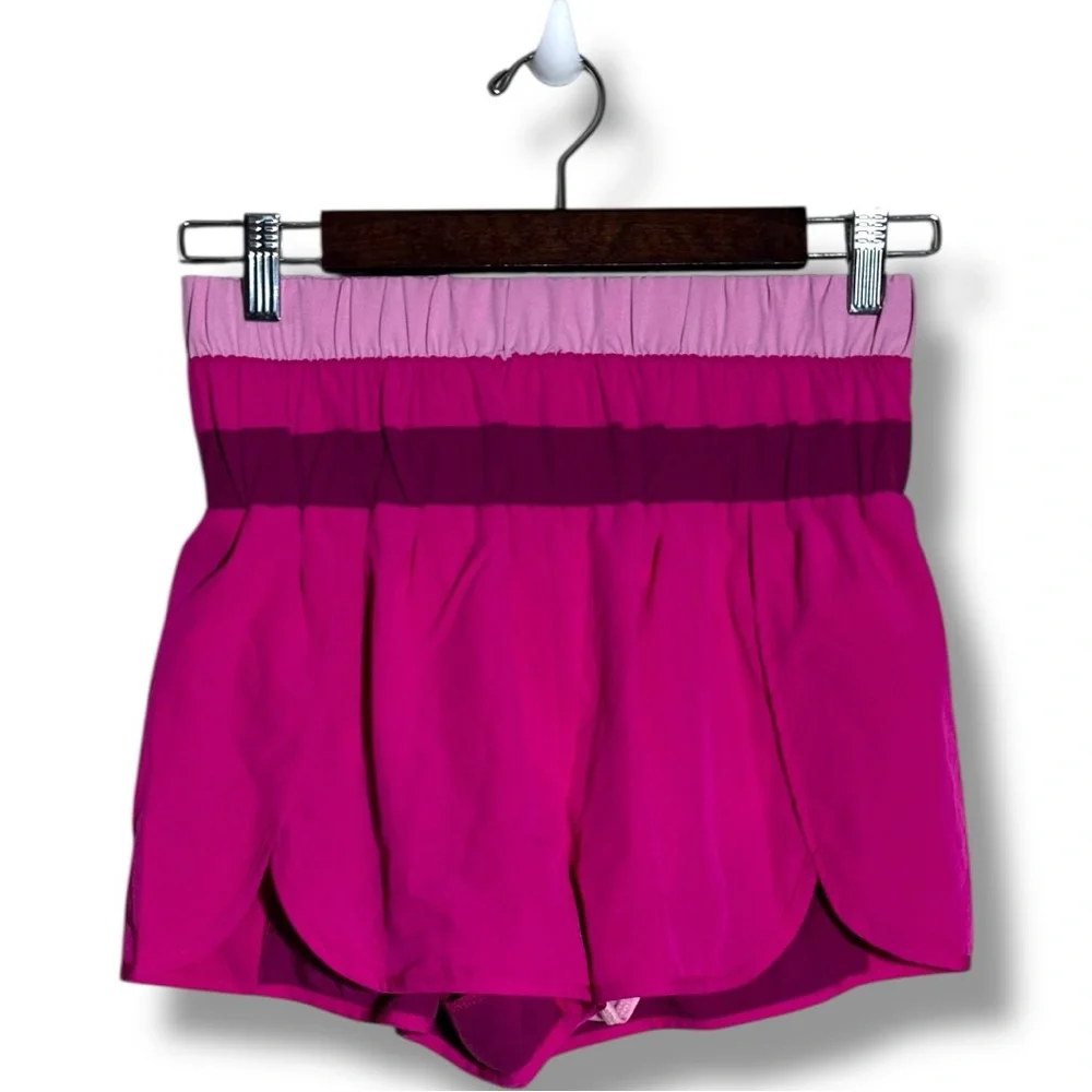 New In Fuchsia and Purple High Stretchy Waist Colorblock Women's Athletic Shorts - Picture 3 of 11